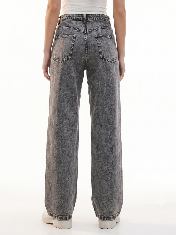 Black Acid Wash Wide Leg Denim Jeans