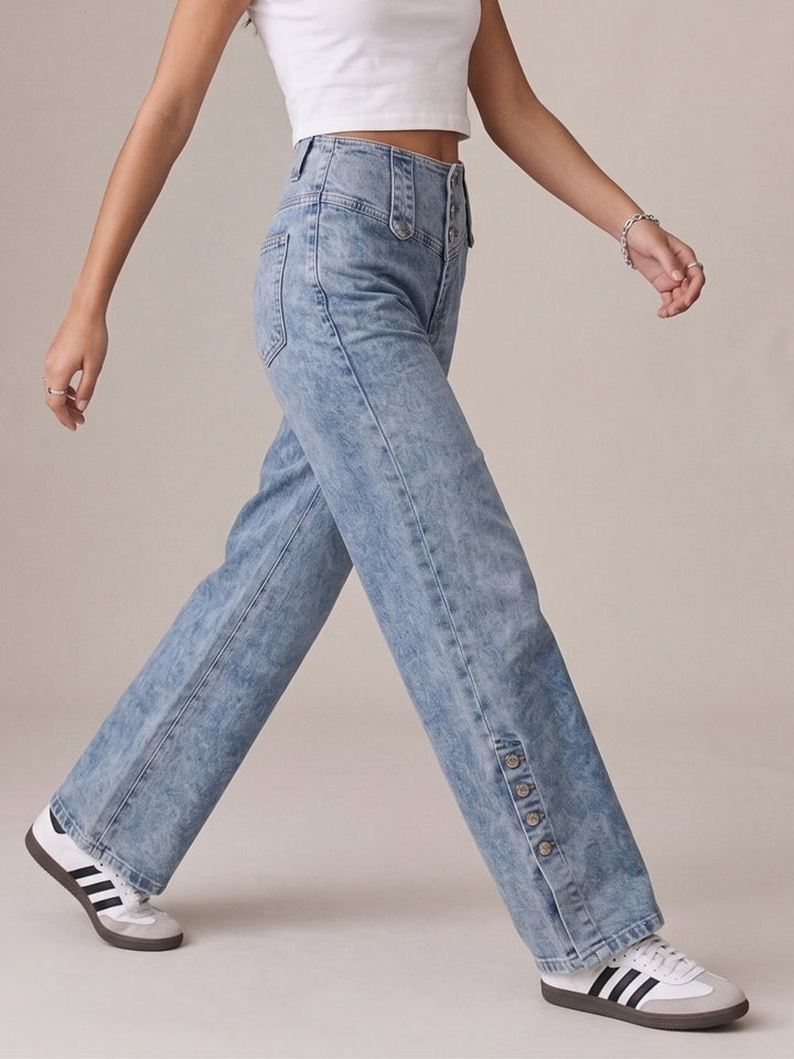 Blue Wide Waistband With Lower Side Slit And Buttons