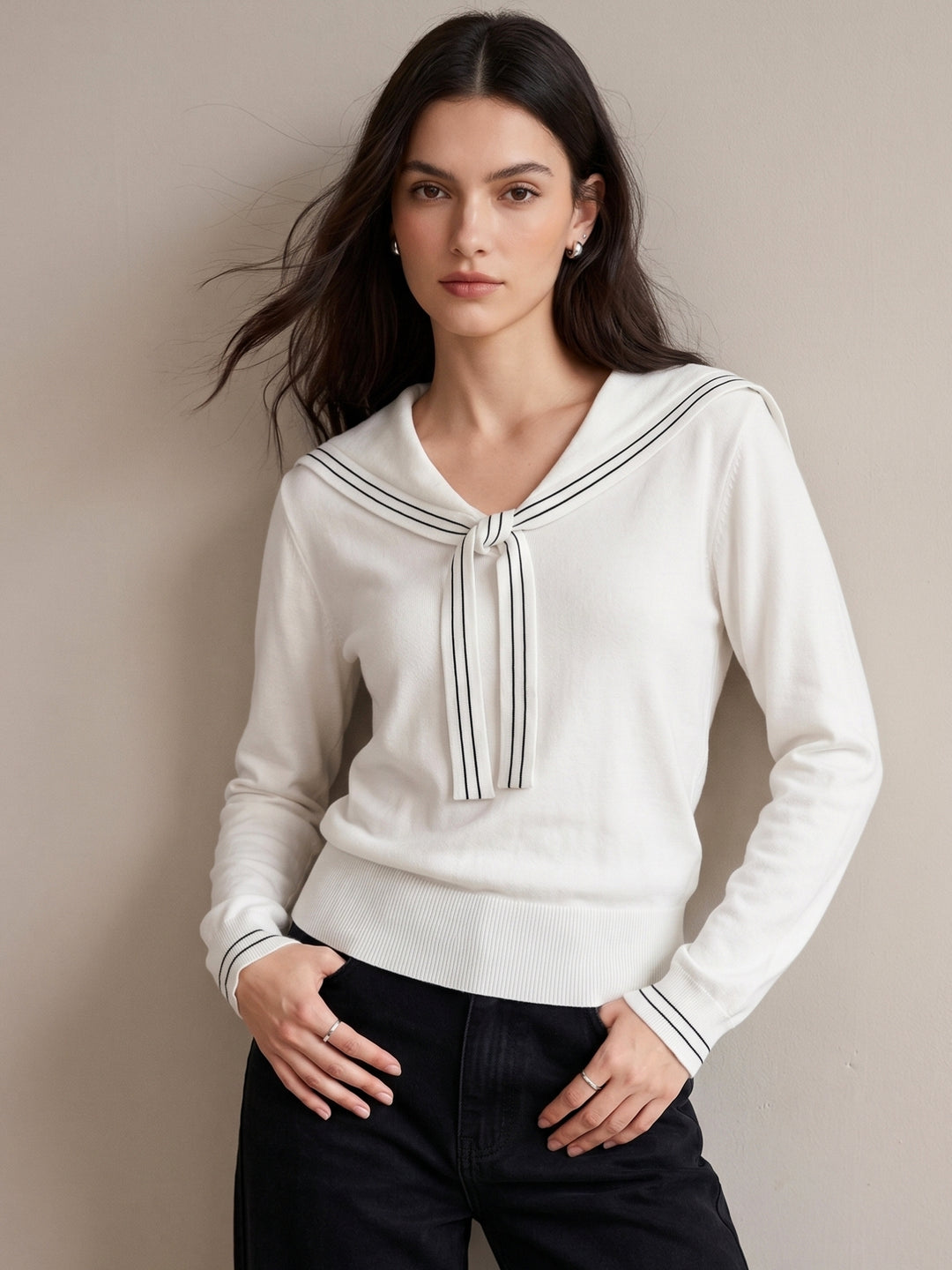 White Collar & Tie Detail Sweater