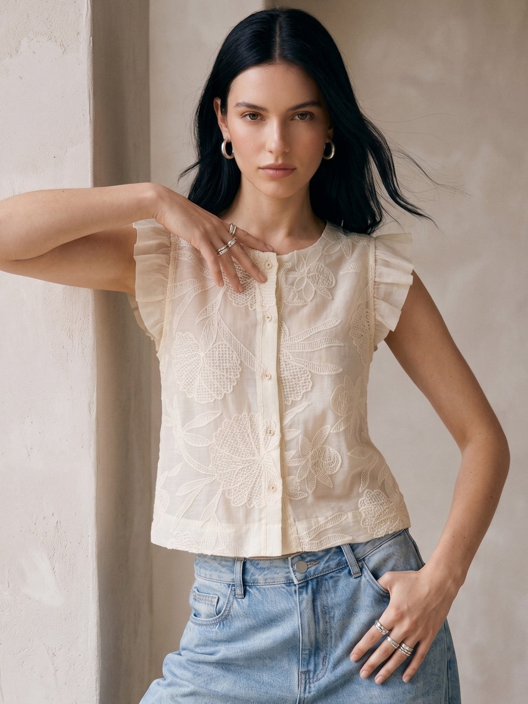 White Textured Button Down Blouse