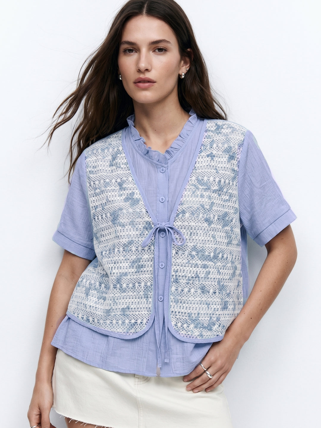 Light Blue Ruffle Neck Front Tie-Up Layered Top