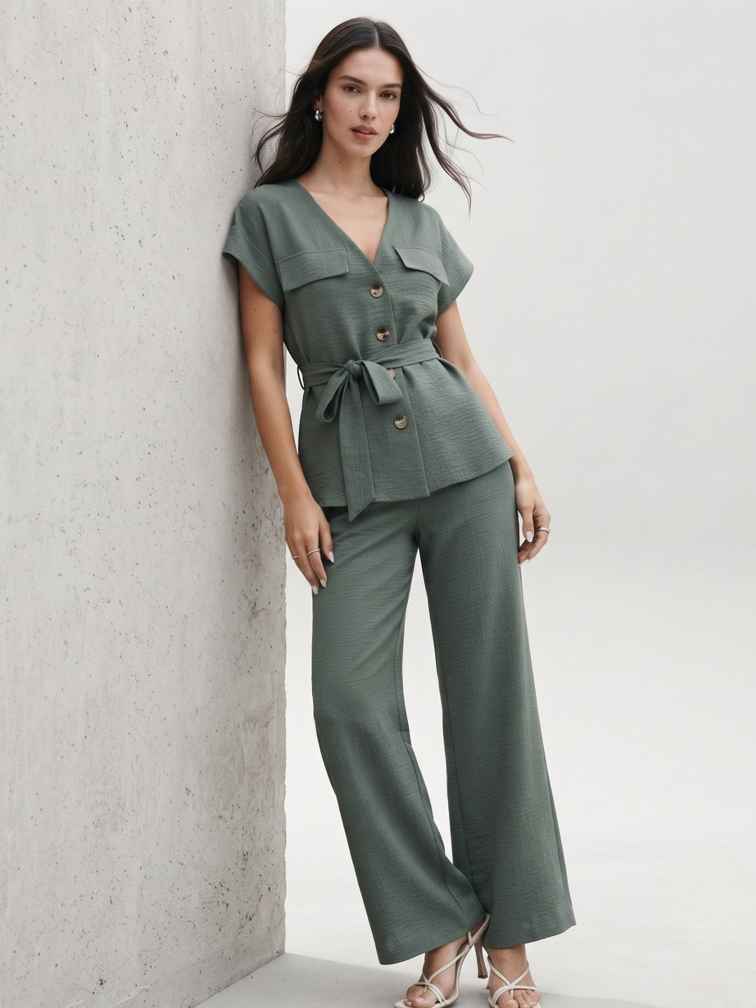 Green Waist Tie-Up Front Buttoned Top And Pant Set