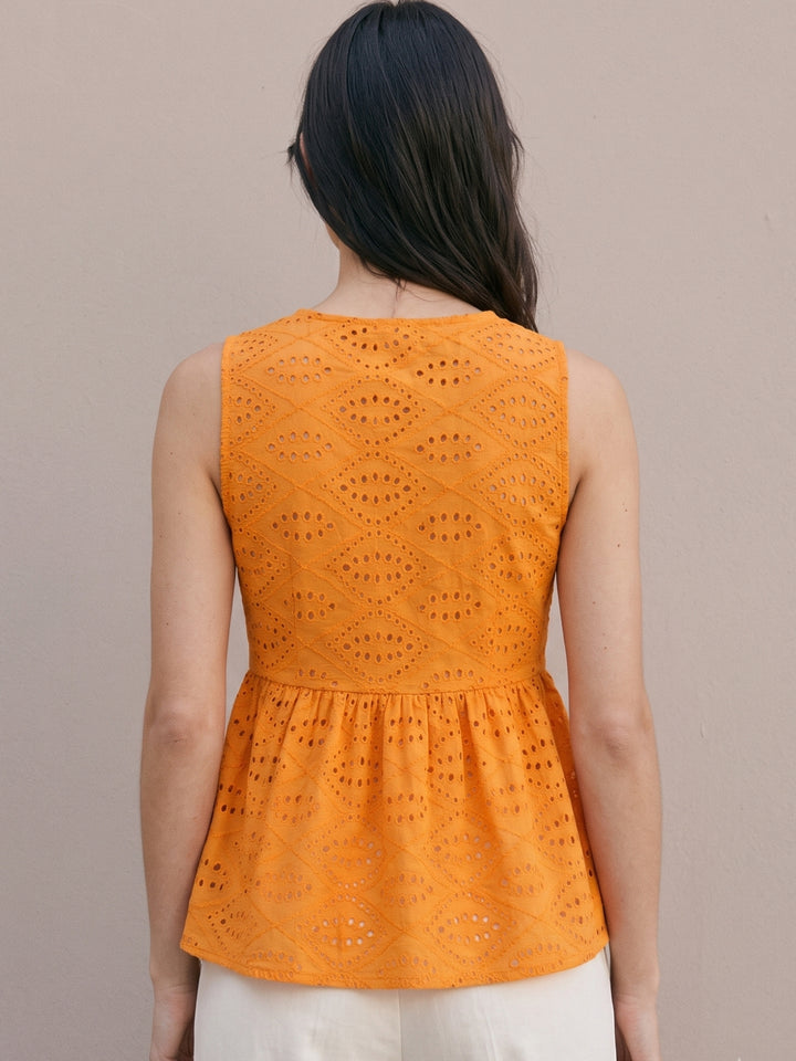 Orange Twist-Front Sleeveless Schiffli Blouse