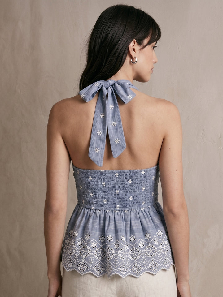 Blue Deep V-Neck Halter Style With A Backless Or Tie-Back Design