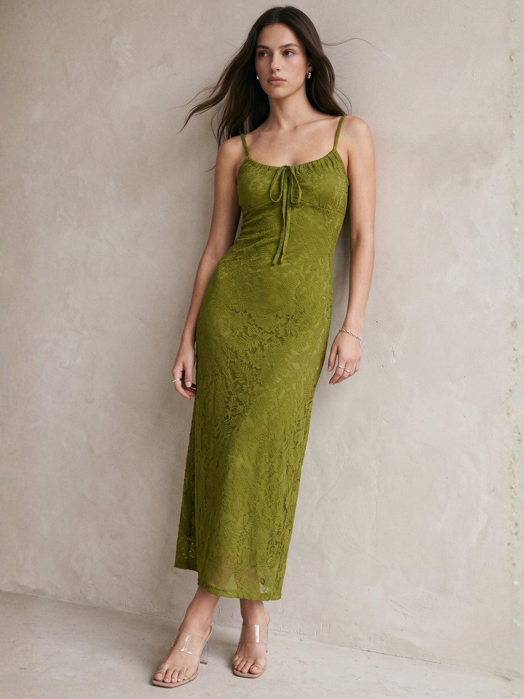 Olive Spaghetti Strap Lace Dress