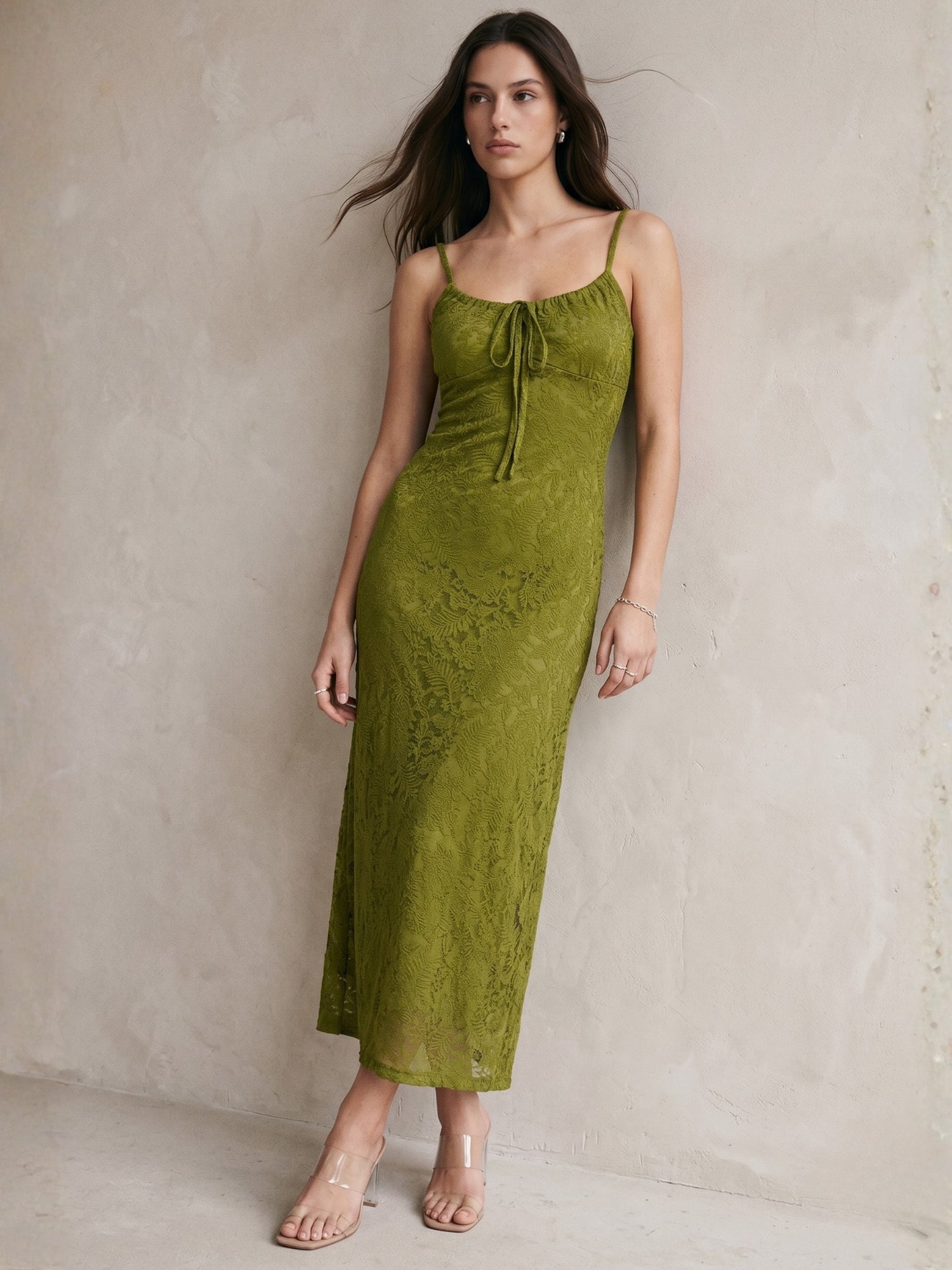 Olive Spaghetti Strap Lace Dress