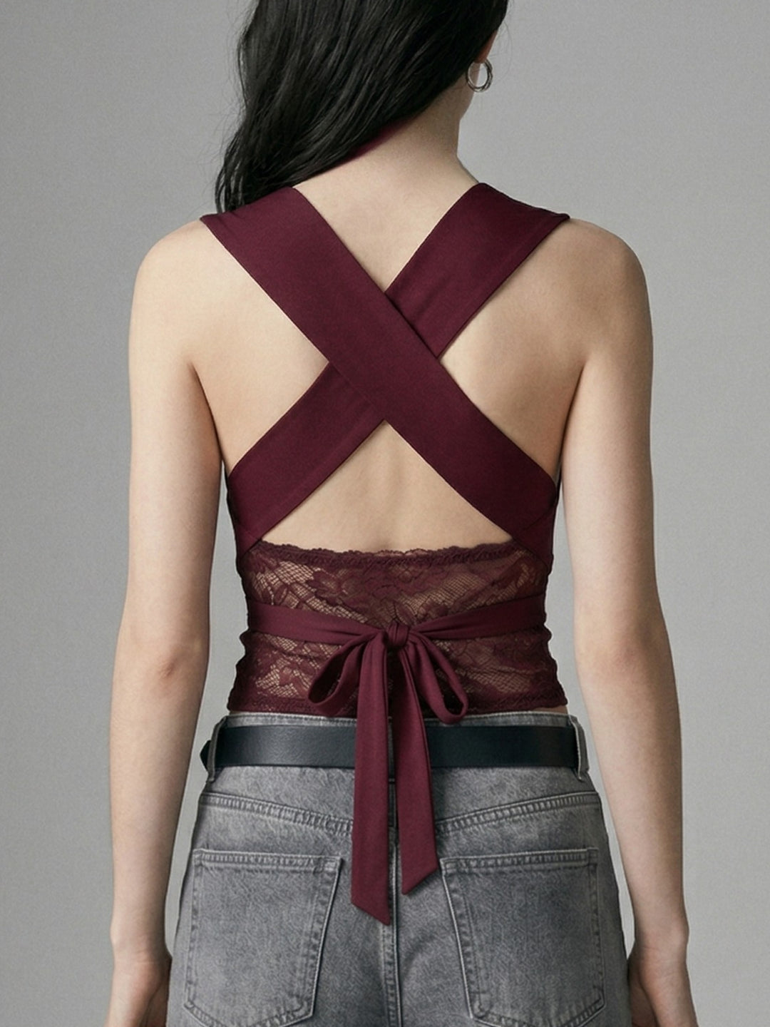 Maroon Neck Wrap Lace Detail Tank