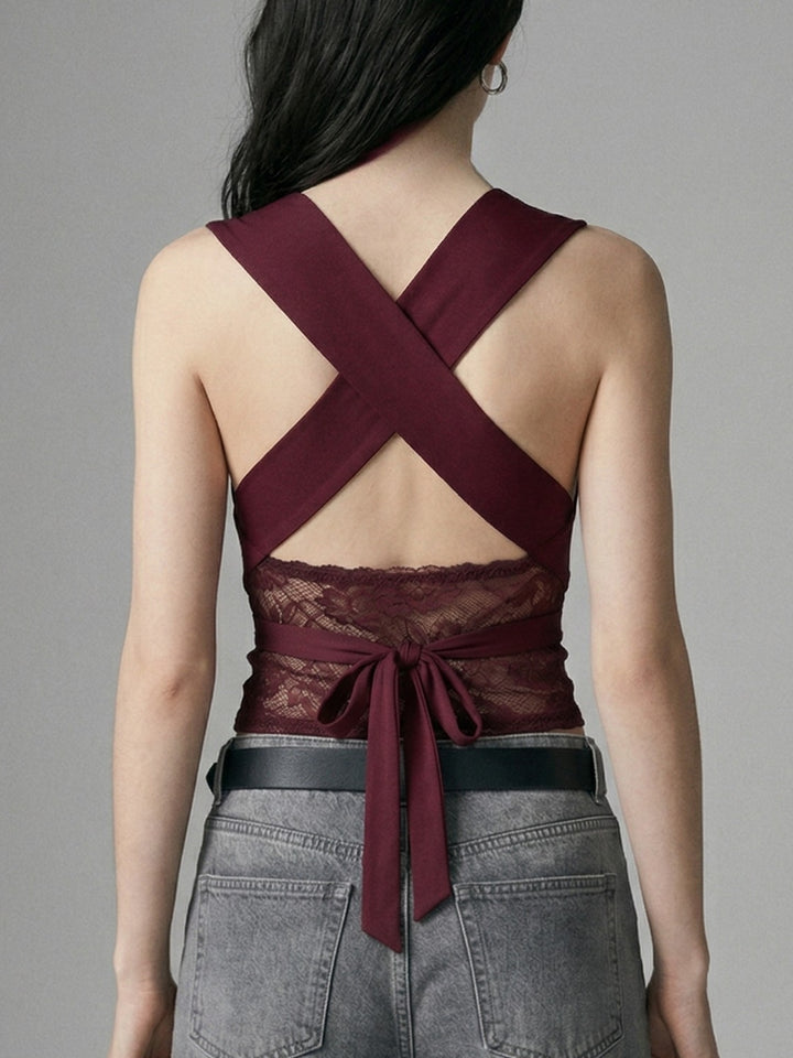 Maroon Neck Wrap Lace Detail Tank