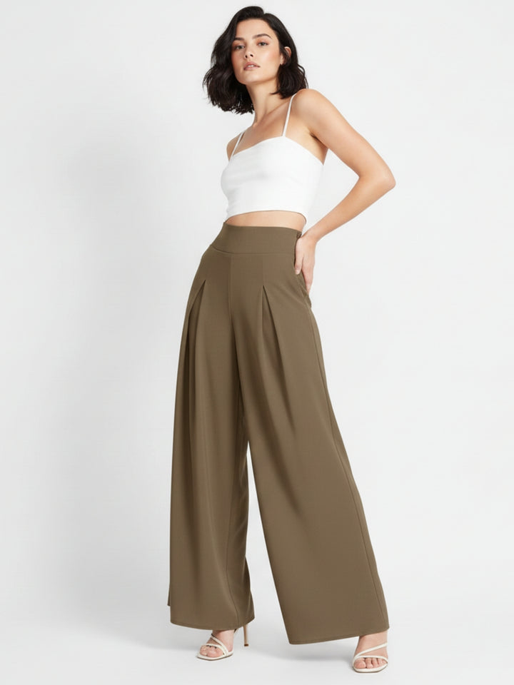 Brown High Waist Pleated Flared Trouser