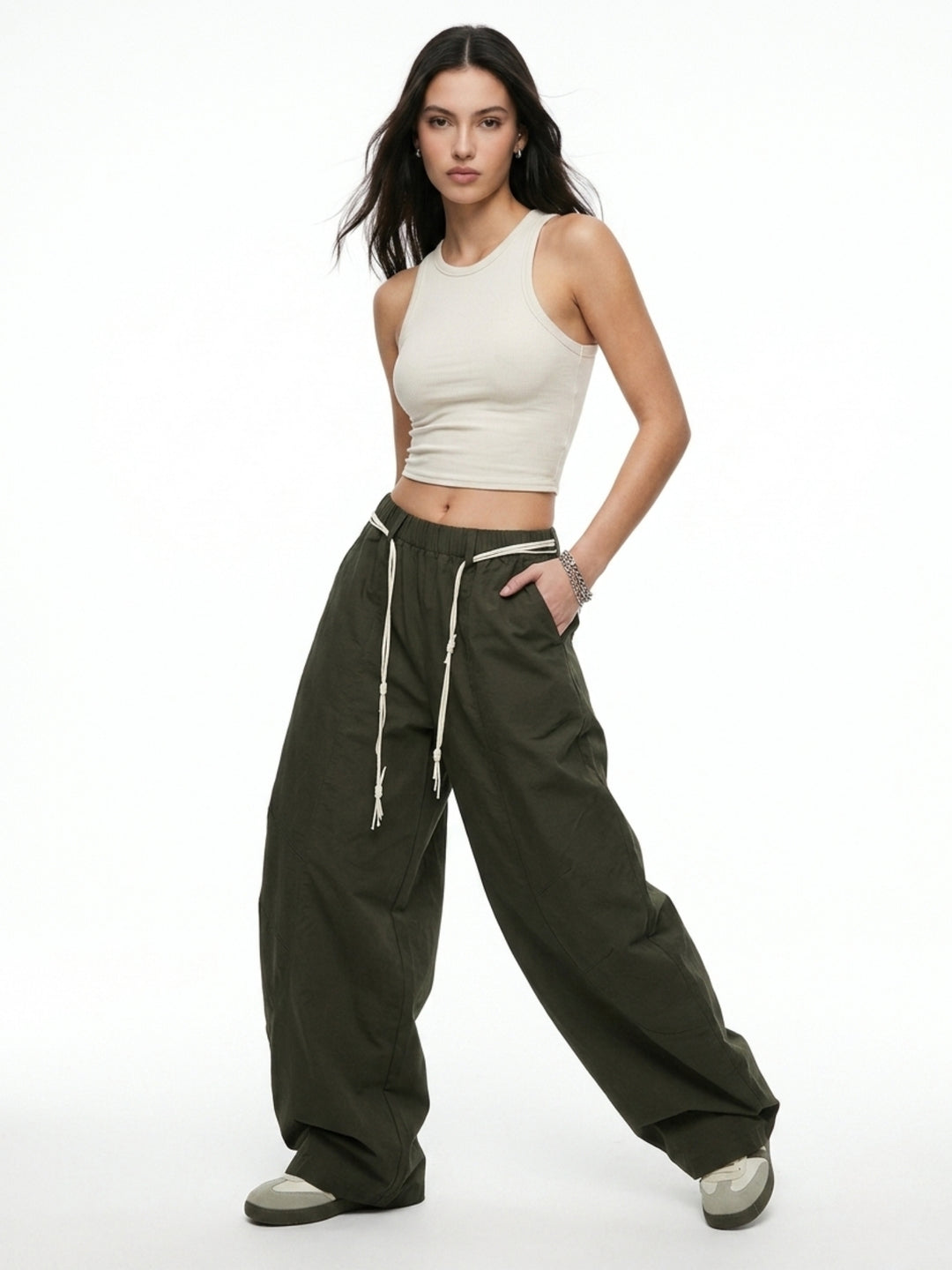 Olive High Waist Contrast Drawstring Pant