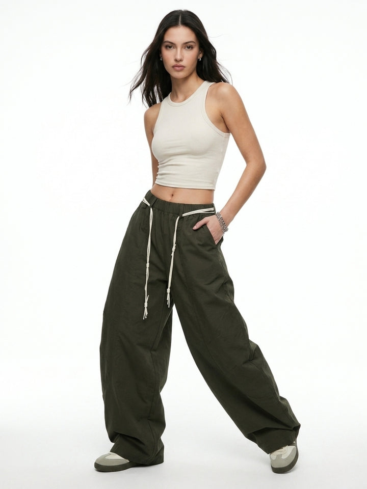 Olive High Waist Contrast Drawstring Pant