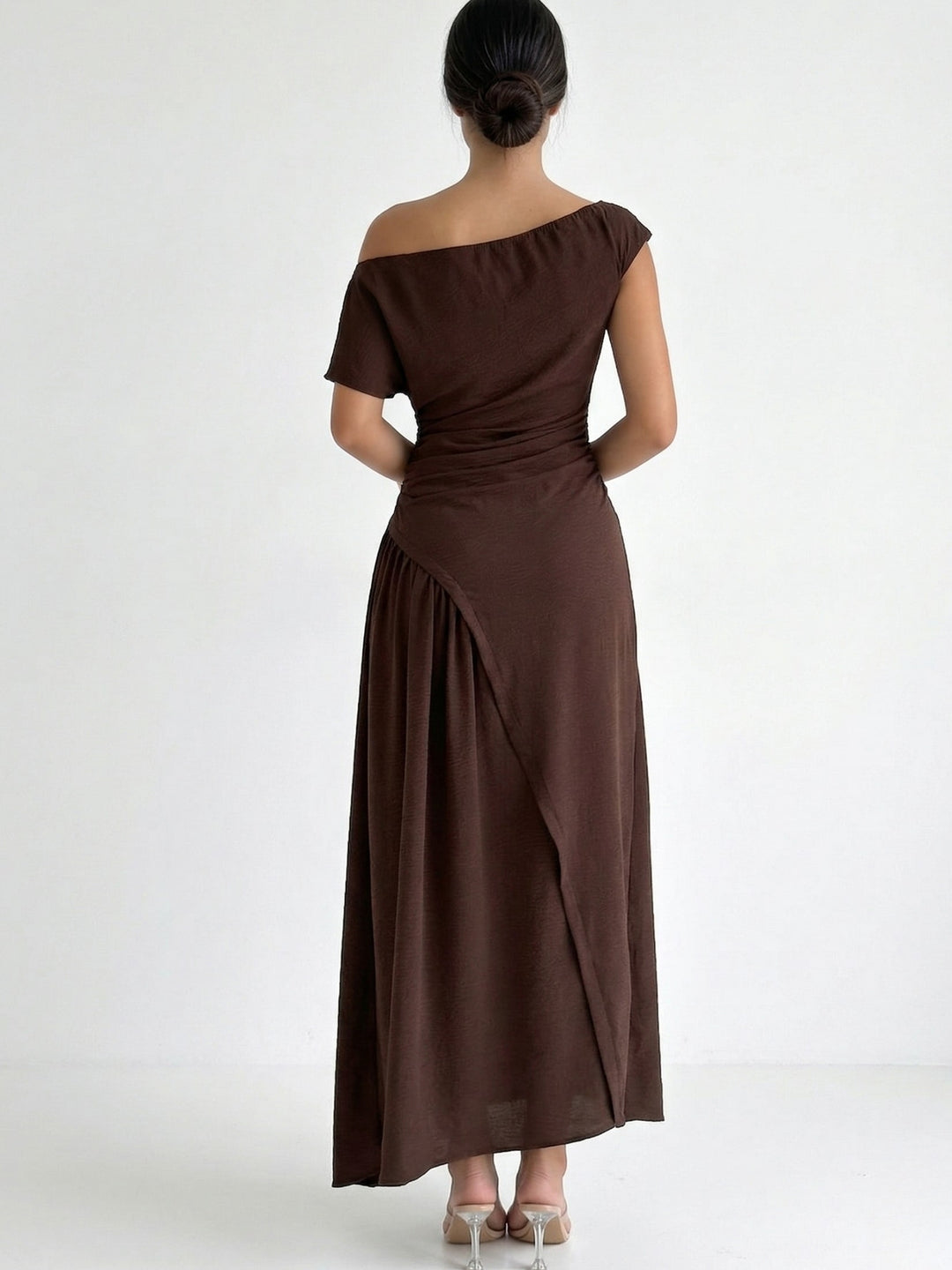 Brown One Shoulder Waist Detail Dress