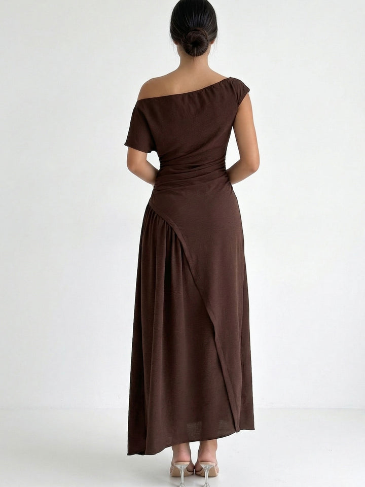 Brown One Shoulder Waist Detail Dress