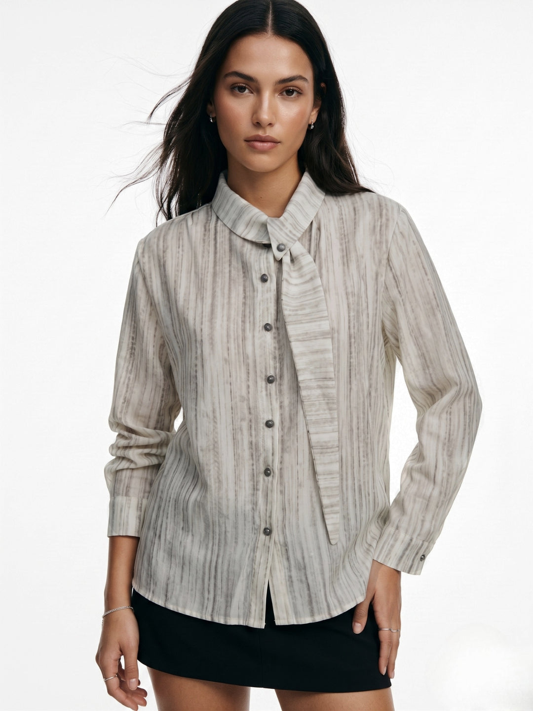 White Neck Scarf Detail Front Buttoned Shirt