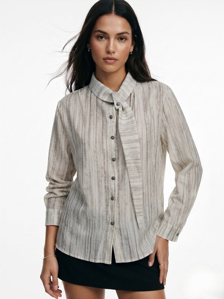 White Neck Scarf Detail Front Buttoned Shirt