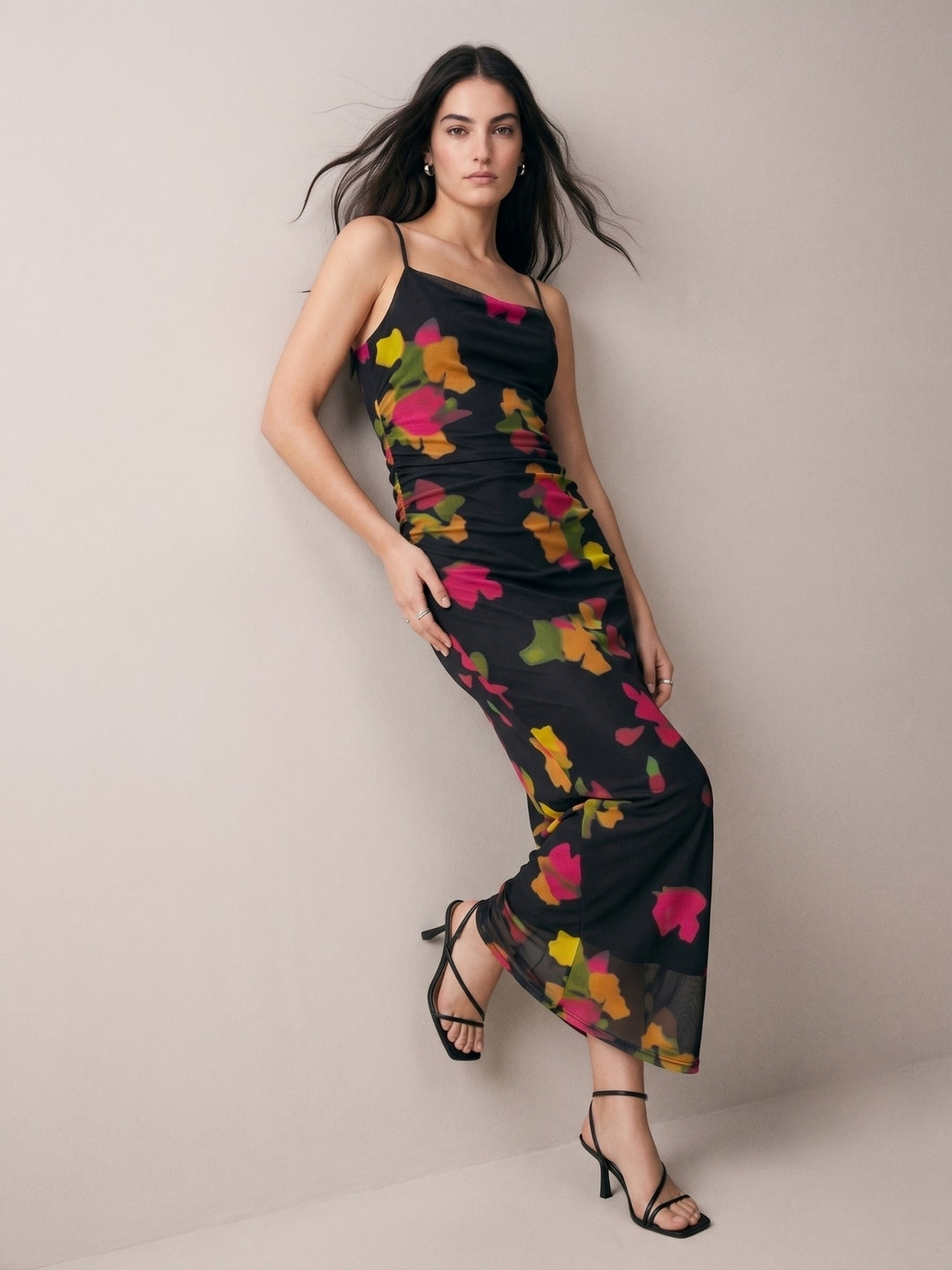 Black Cowl Neck Printed Strappy Dress