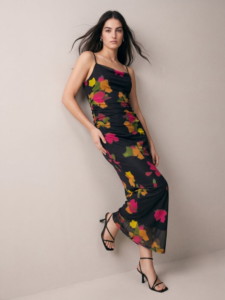Black Cowl Neck Printed Strappy Dress
