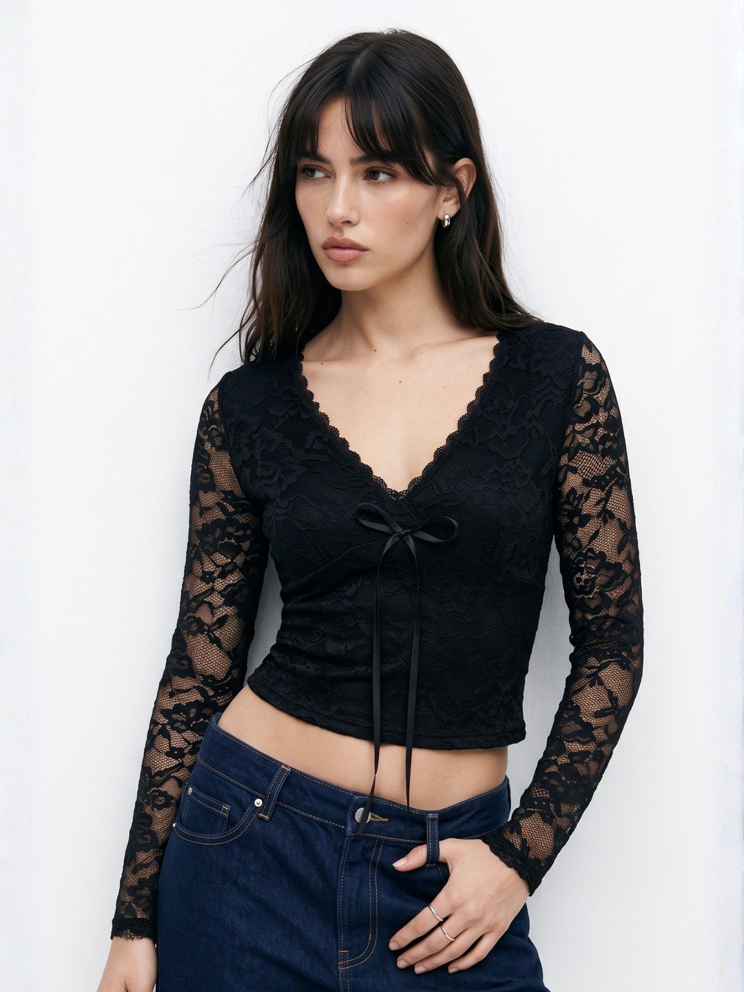 Black V Neck Sheer Lace Sleeved Top