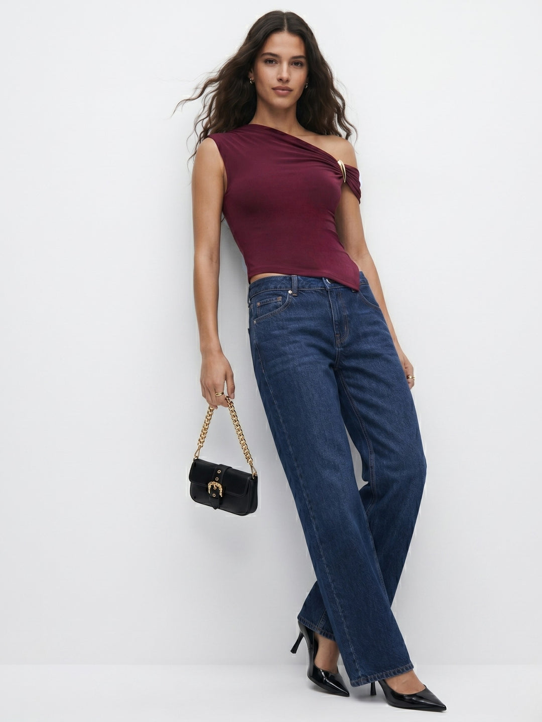 Wine Asymmetrical Neck Wine Top With Buckle Trim