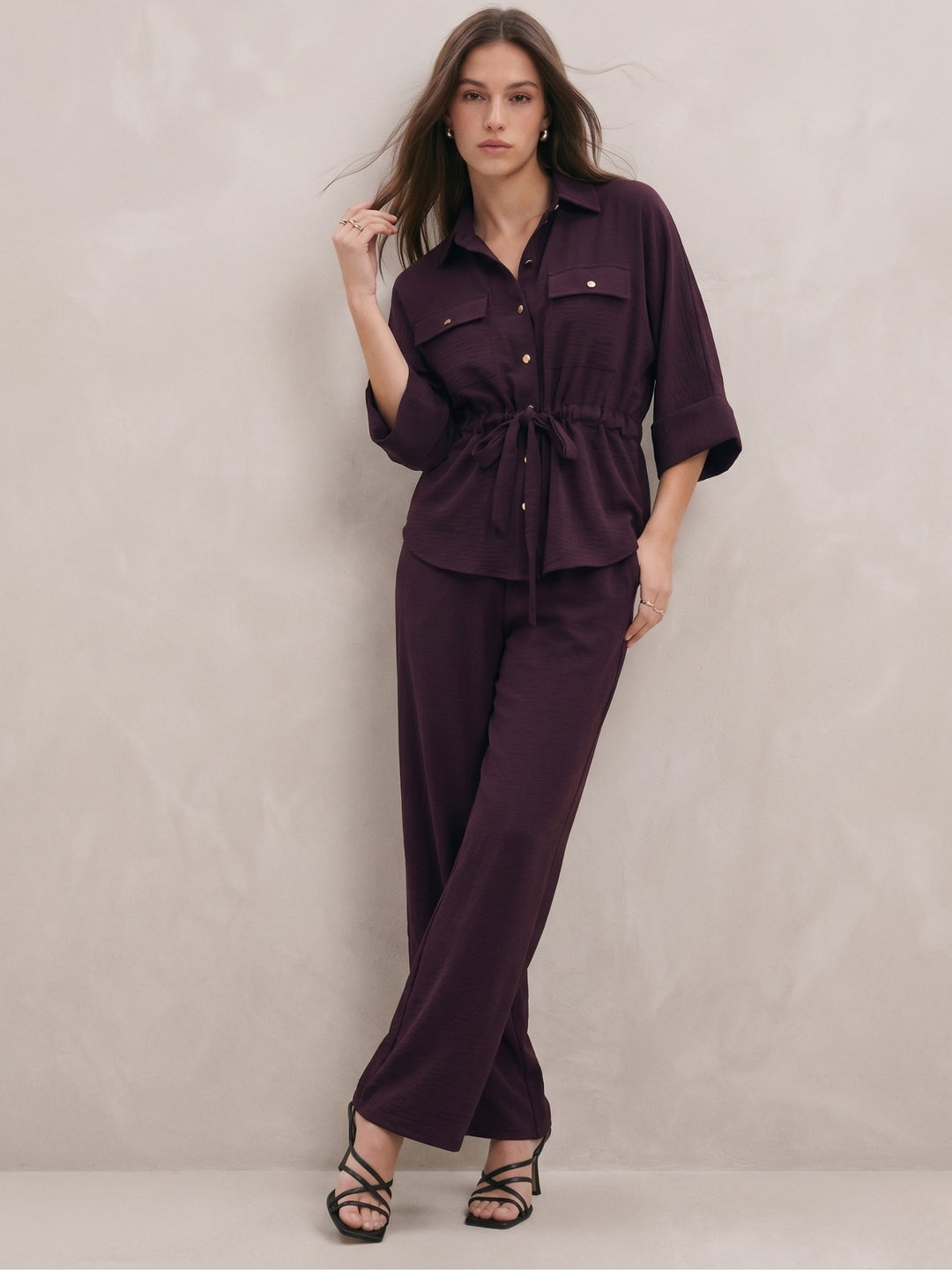 Maroon Coord Set With Oversized Utility Shirt With Wide Leg Touser In Elevated Textured Fabric