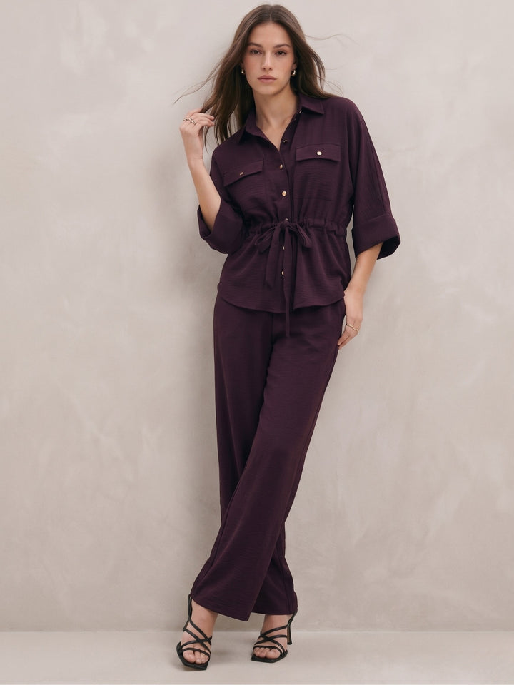 Maroon Coord Set With Oversized Utility Shirt With Wide Leg Touser In Elevated Textured Fabric