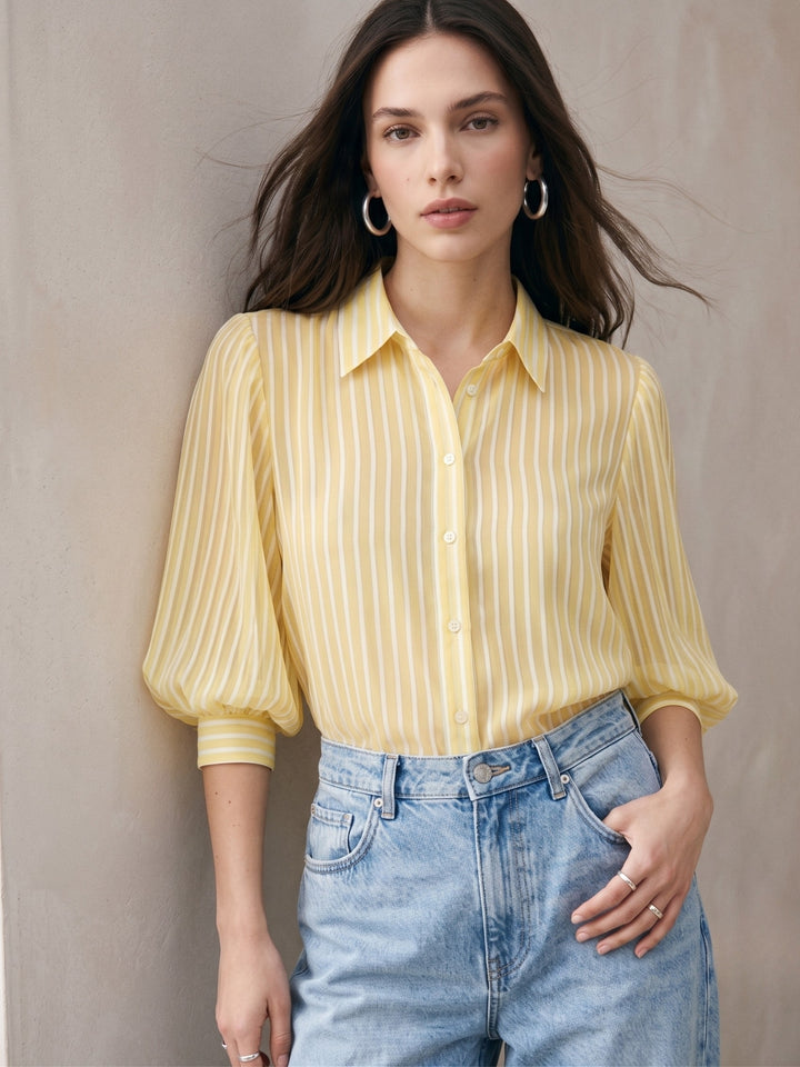 Yellow Striped Shirt With Balloon Sleeves