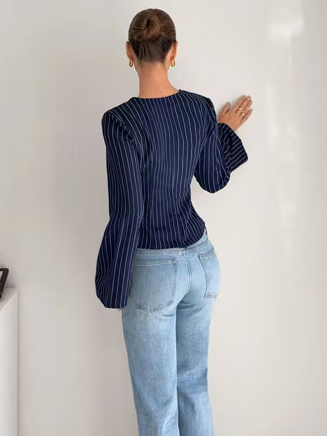 Blue Waist Detail  V-Neck Striped Top