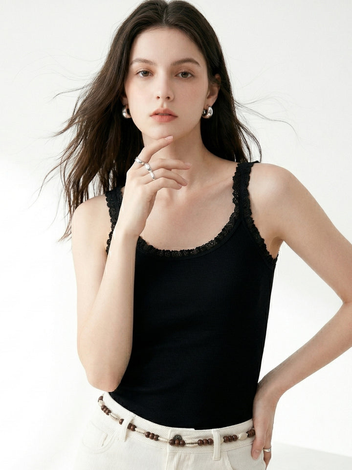 Black Ruffle Edge Fitted Top