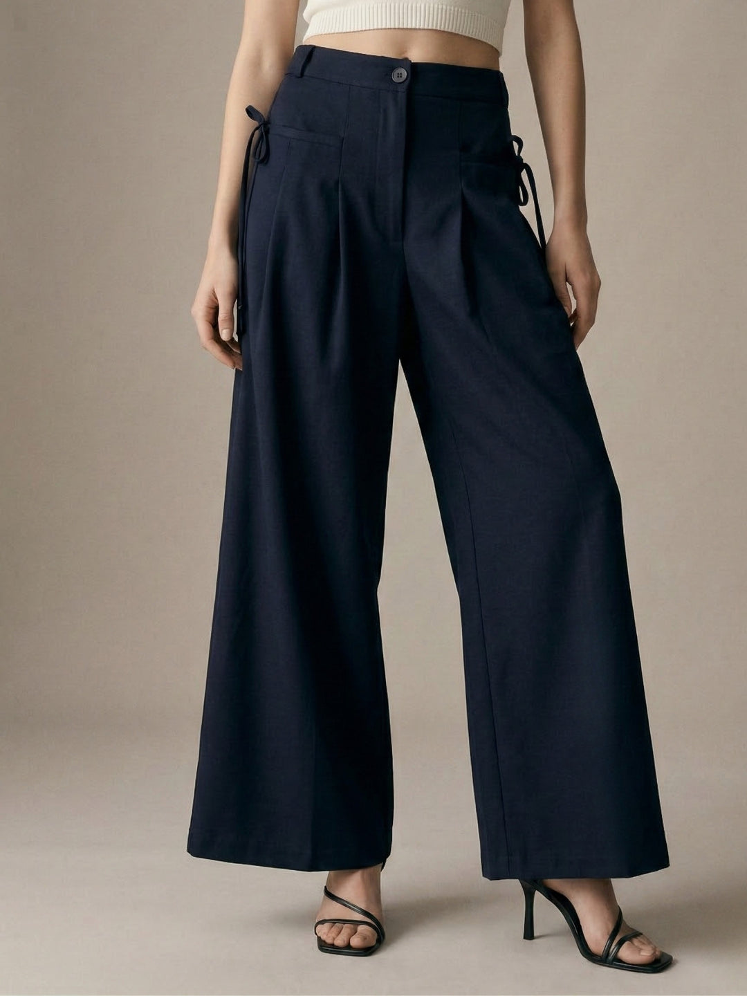 Navy Blue High-Waist Wide-Leg Baggie Pleated Trouser