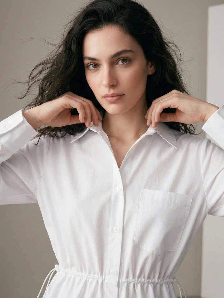 Off White Waist Tie Cotton Shirt