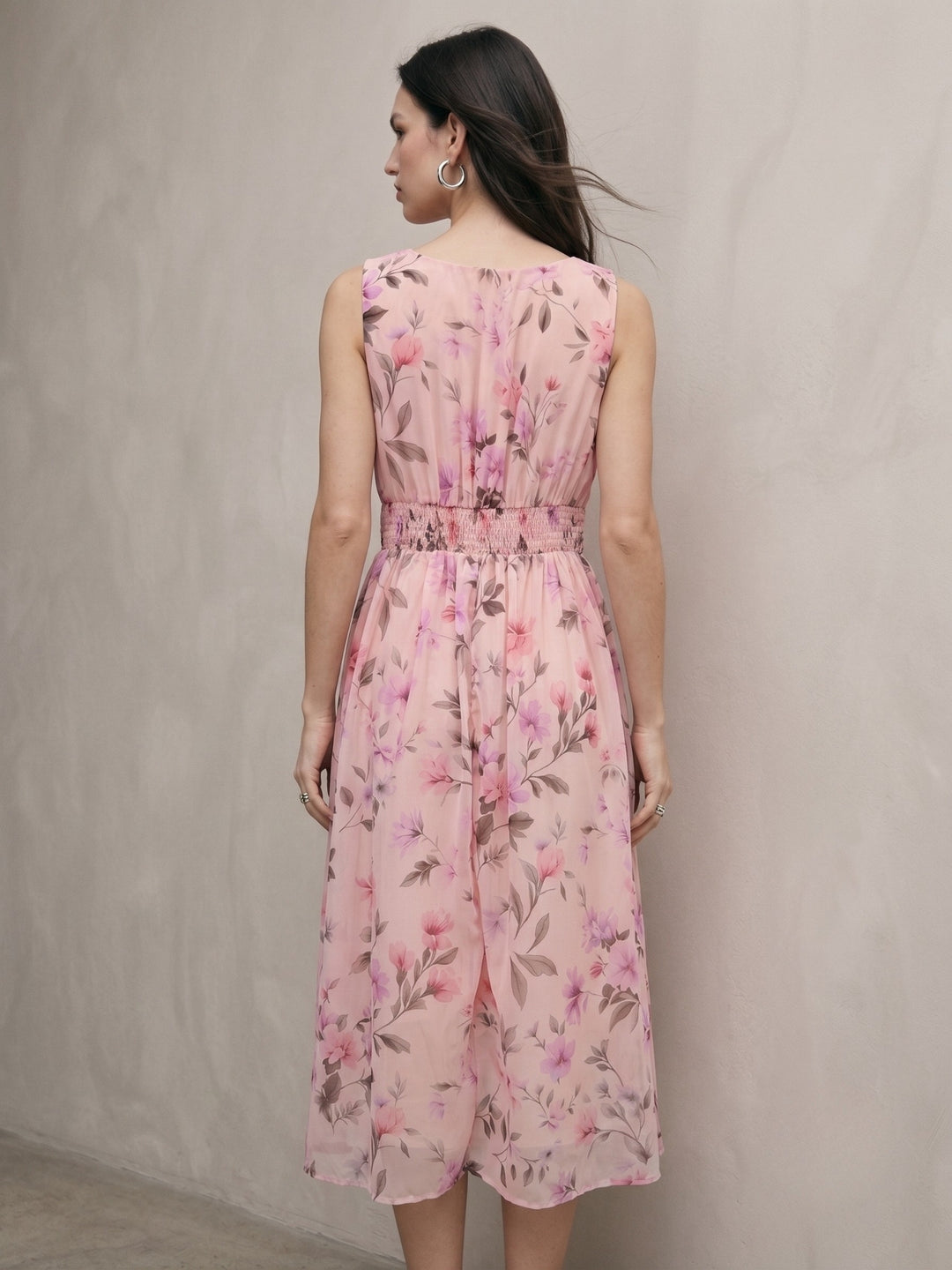 Multi Floral Printed Plunge Neck Dress