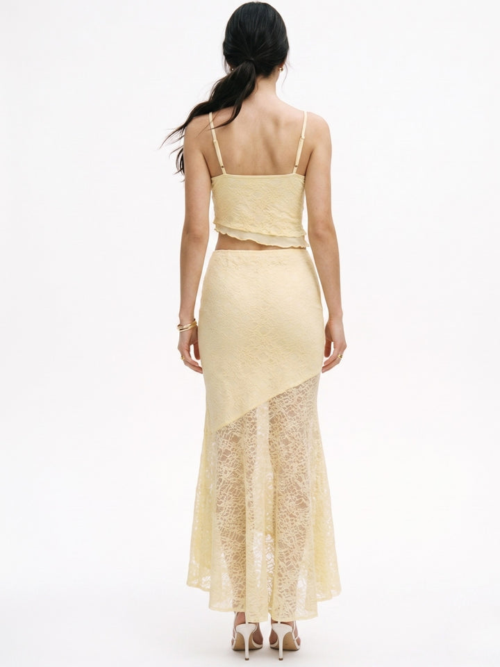Yellow Spaghetti Strap Top And Lace Skirt Set