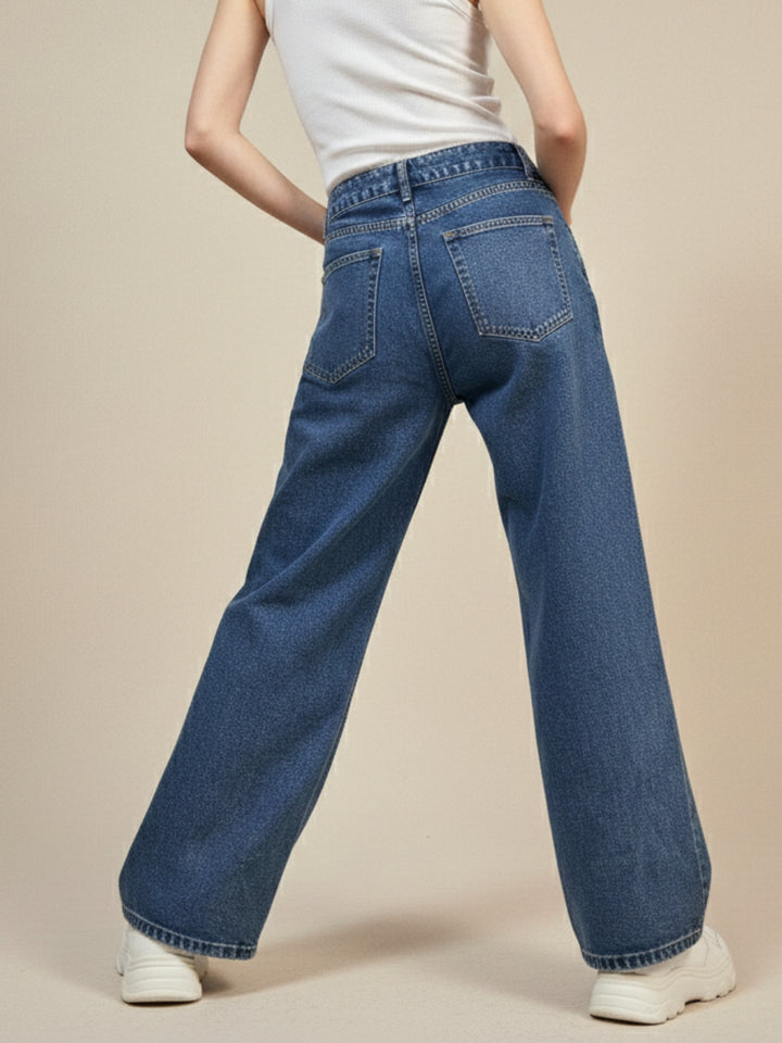 Navy Blue Embellished Wide Leg Denim Jeans