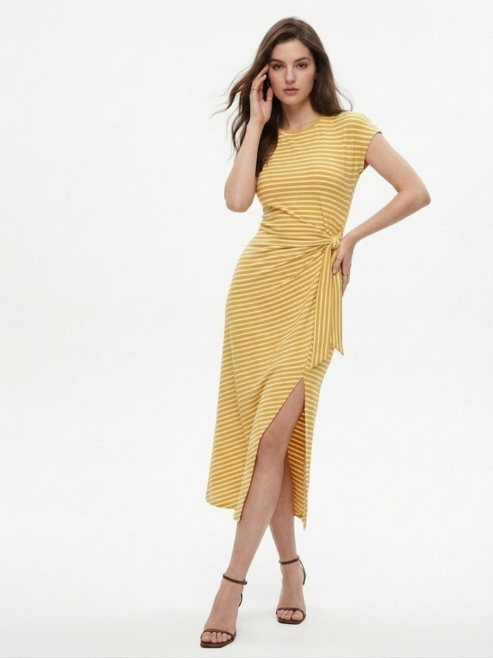 Yellow Waist Wrap Striped Dress