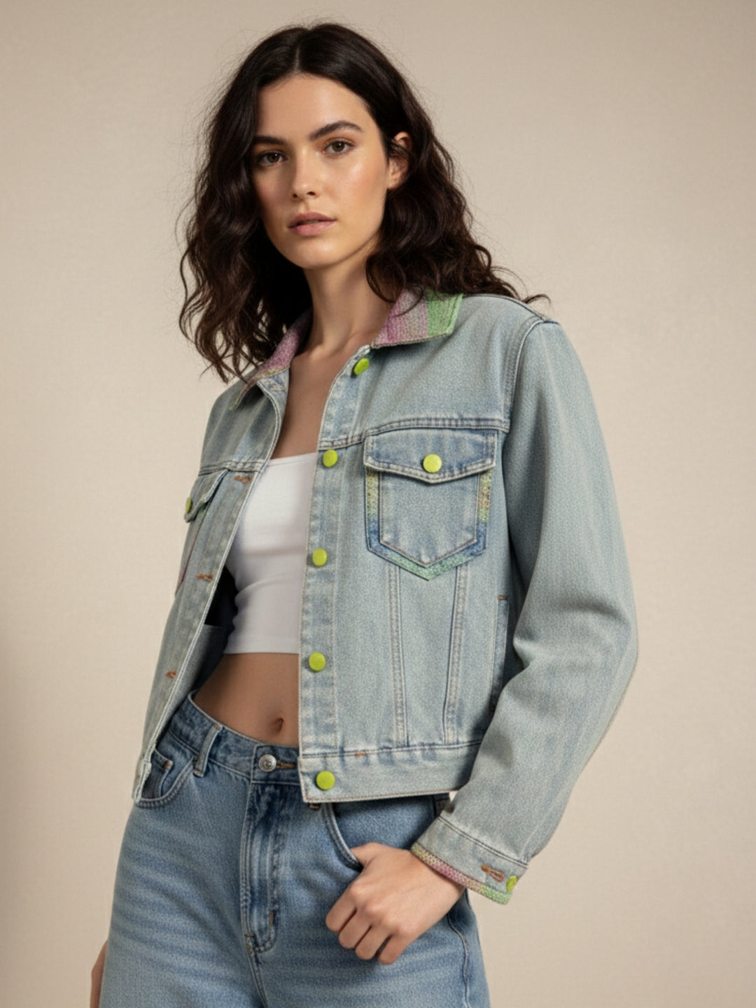 Blue Contrast Coloured Buttons And Collared Denim Jacket