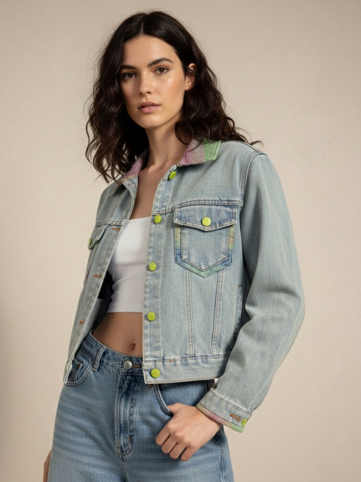 Blue Contrast Coloured Buttons And Collared Denim Jacket