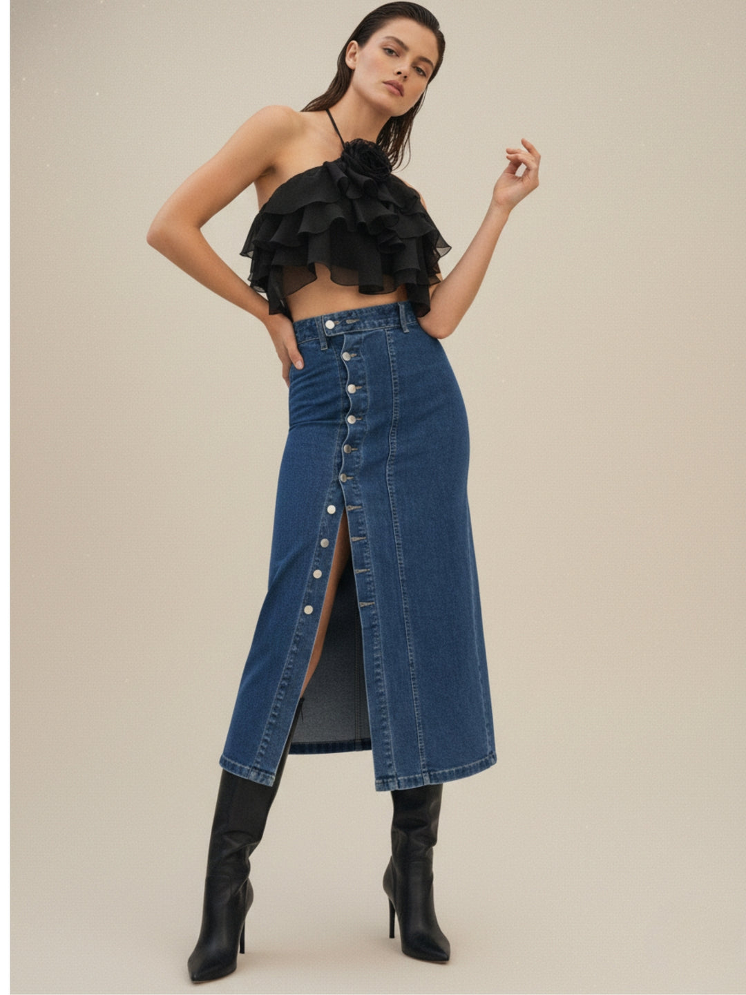 Blue High Waist Front Button Slit Skirt