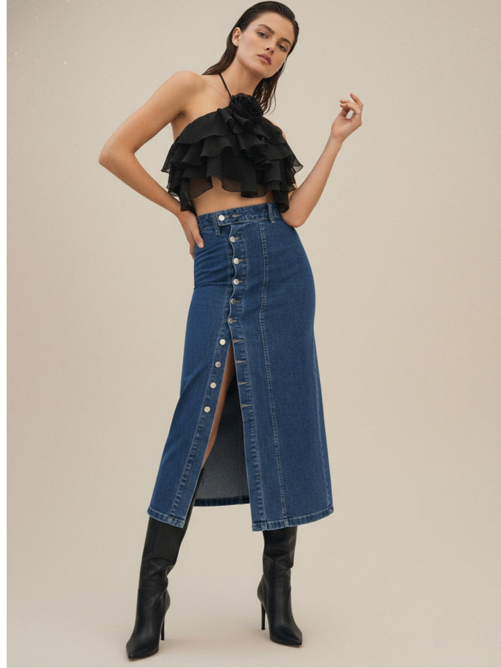 Blue High Waist Front Button Slit Skirt