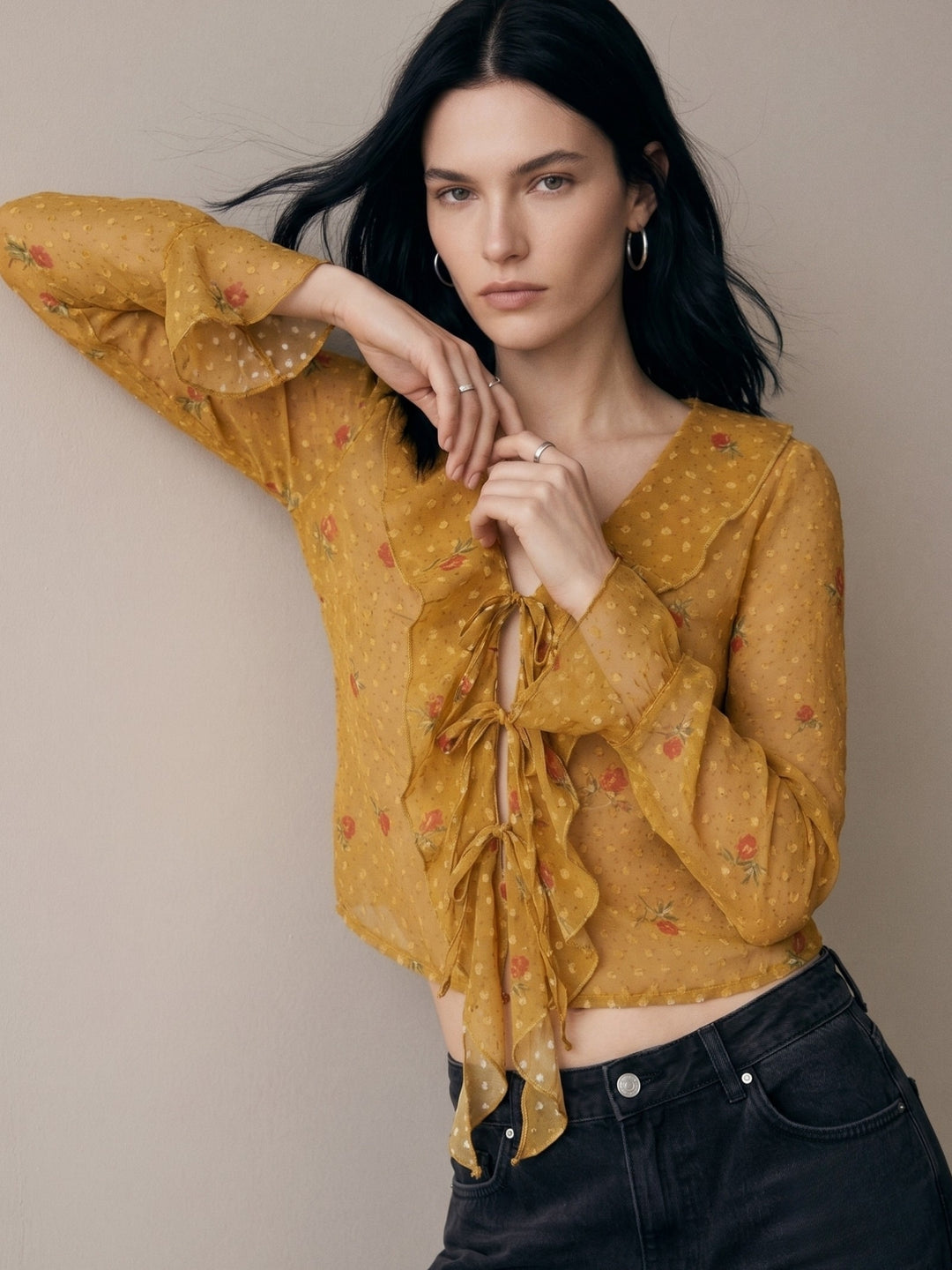 Mustard All Over Printed Front Open Styled Top