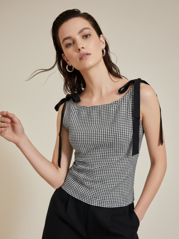 Black Boat Neck Ghingham Knotted Bow Top