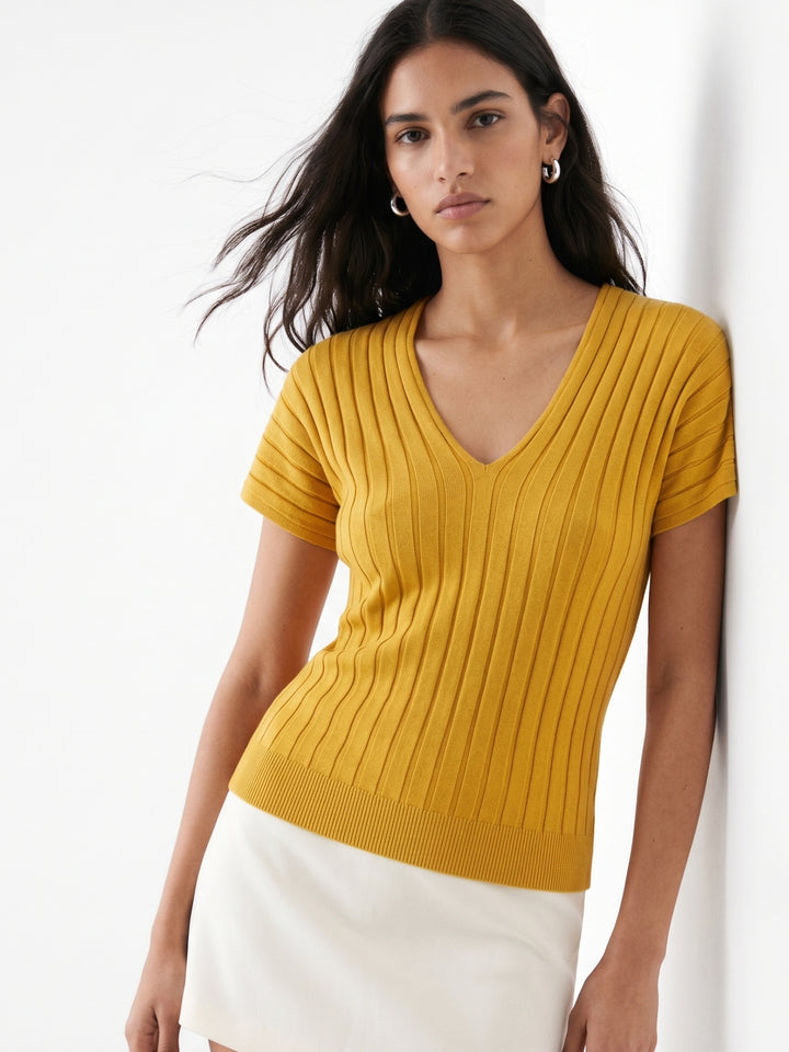 Yellow V-Neck Textured Top