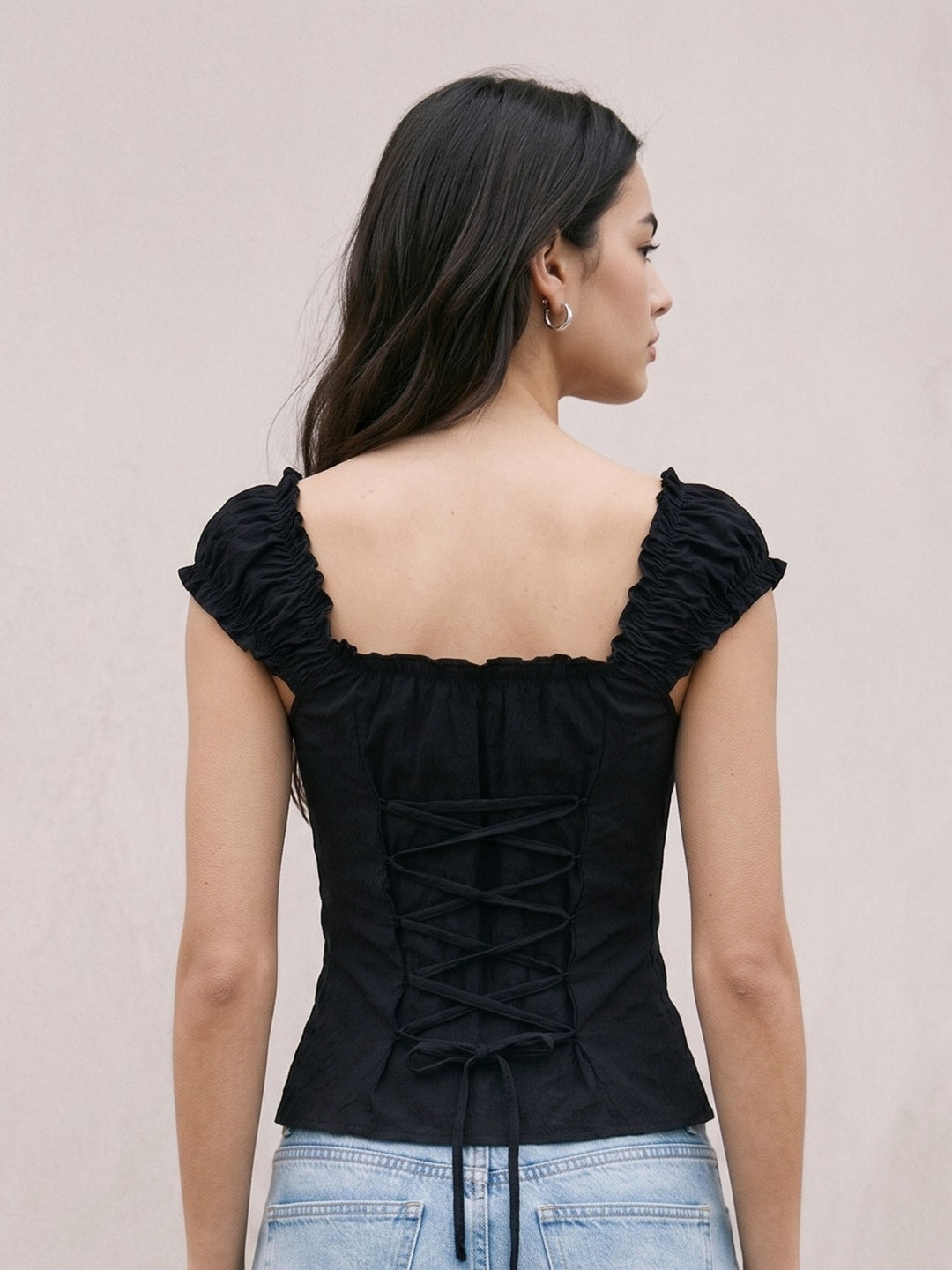 Black Button Down Frilled Detailed Blouse