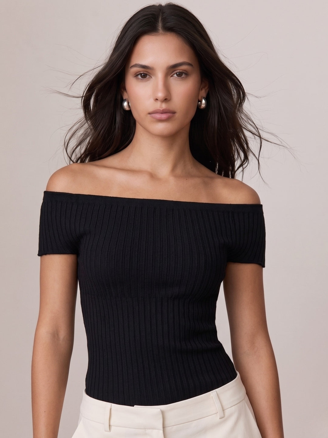 Black Off-Shoulder Fitted Rib Textured Top