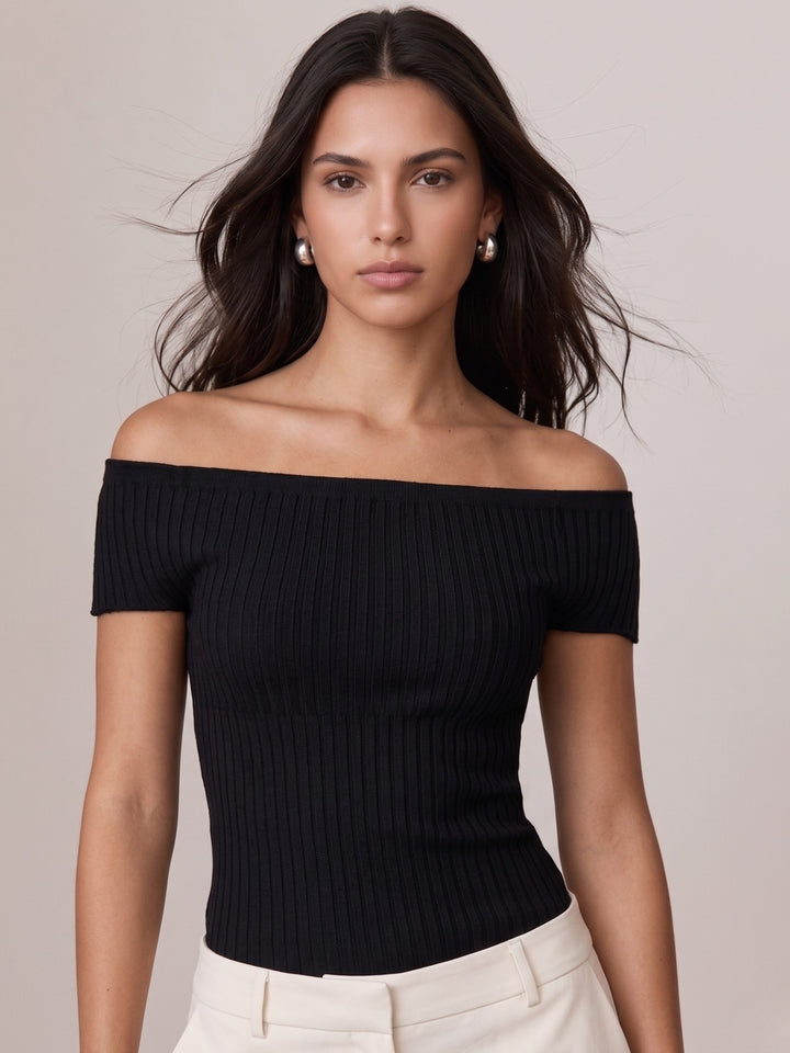 Black Off-Shoulder Fitted Rib Textured Top