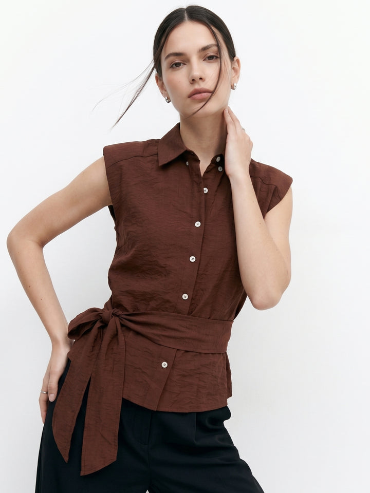 Brown Waist Tie-Up Front Buttoned Top