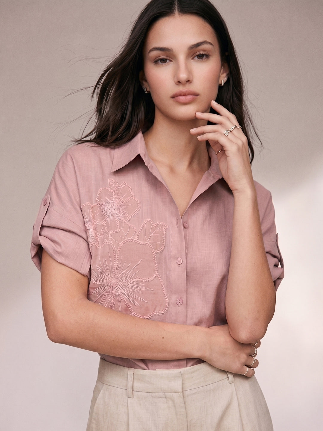 Pink Floral Embroidered Applique Shirt