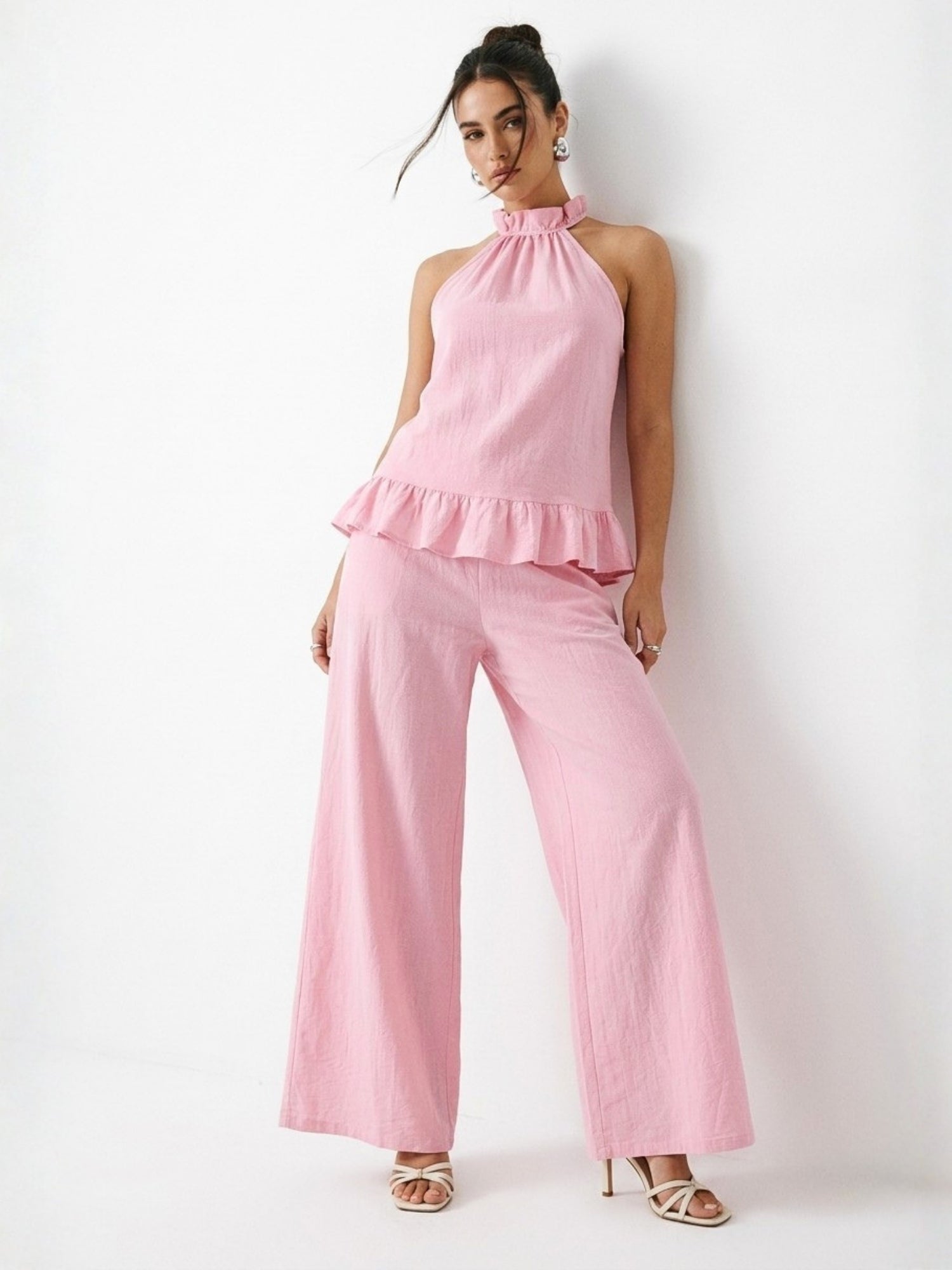 Pink Halter Neck Ruffled Hem Top With Trousers Co-Ord Set