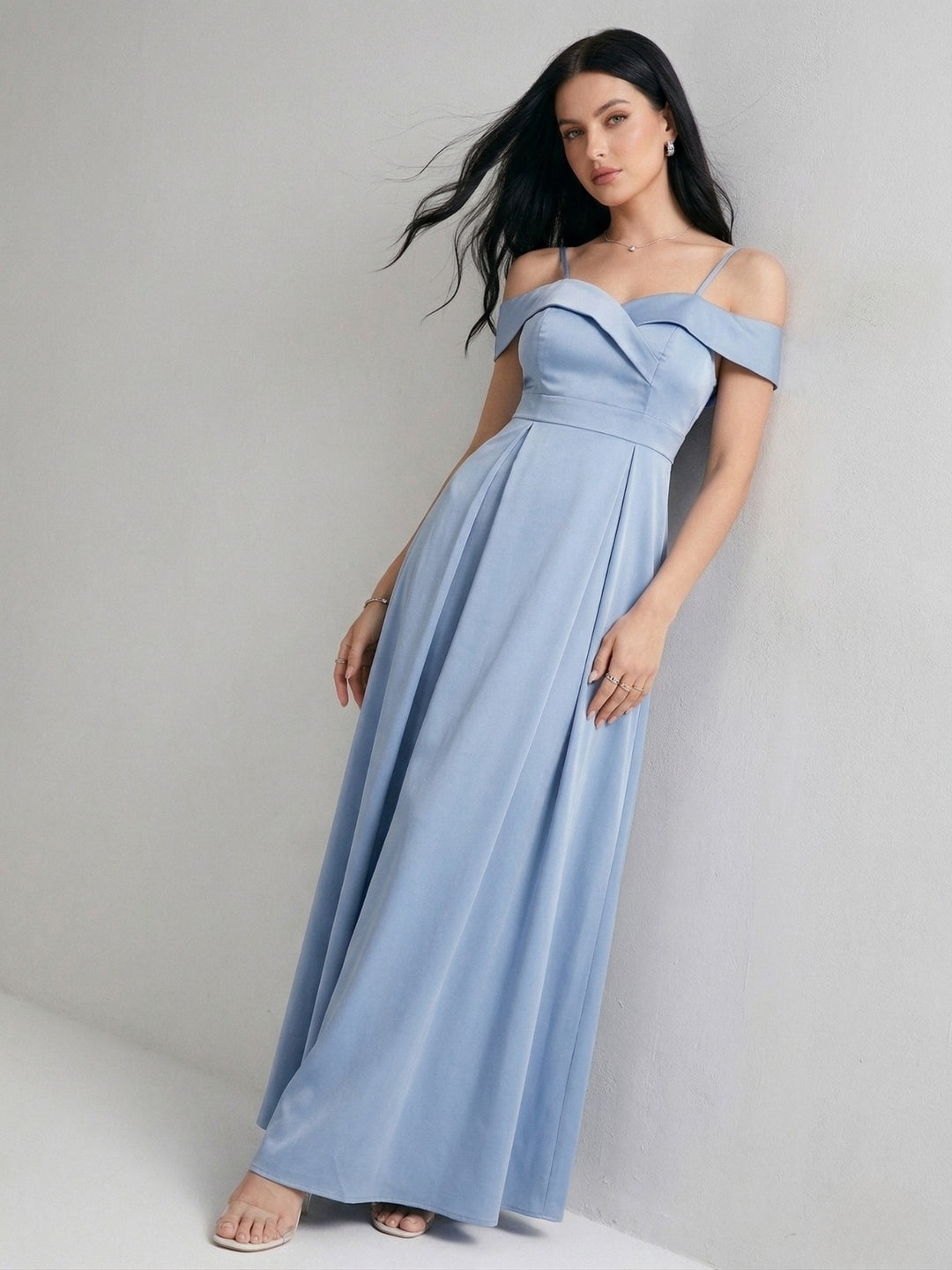 Blue Satin Off Shoulder Gown with Strap Detailing