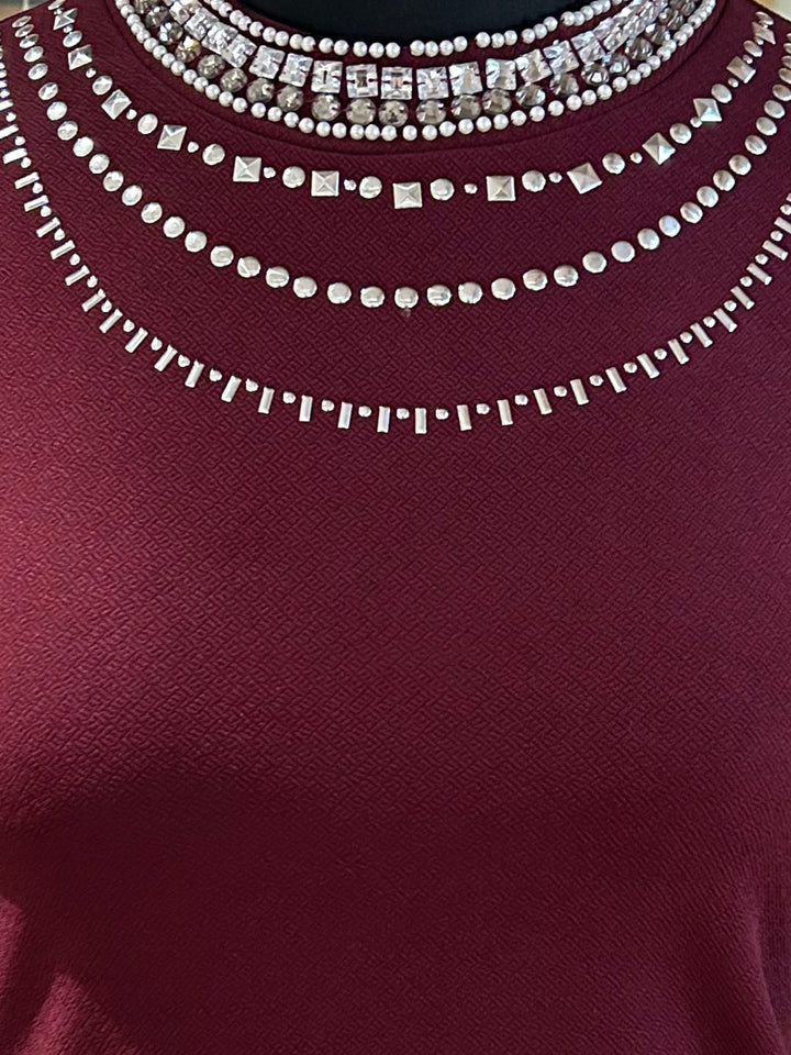 Wine High Neck Cap Sleeved Top With Layered Embellishments