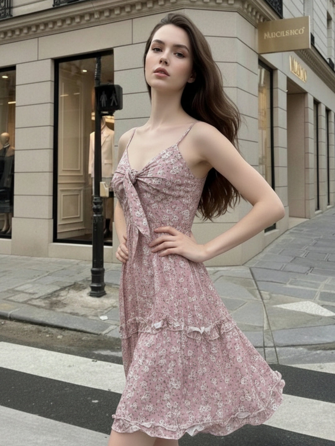 Pink Spaghetti Strap Front Tie-Up Dress